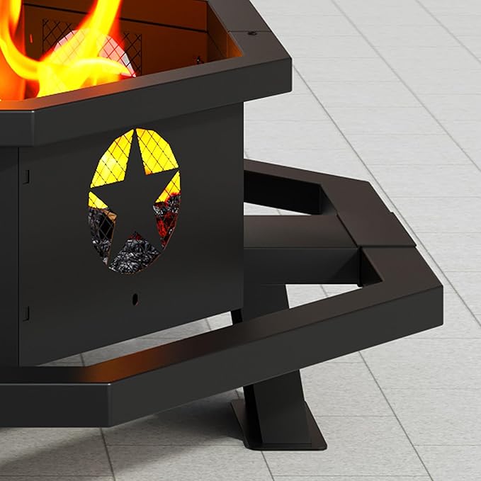 ZIENLIFE 43 Inch Fire Pit for Outside Wood Burning, Outdoor Octagonal Fire Pit with Poker, Large Firepit for Camping, Backyard, Patio, Black
