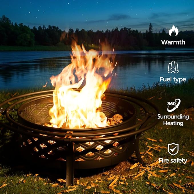 Panovue 42 Inch Outdoor Fire Pit with 2 Loops,Crossweave Wood Burning Fire Pits for Outside,with Spark Screen,Fire Poker,Round Metal Firepit for Patio,Backyard,Beach,Camping,Bonfire(42''Black)