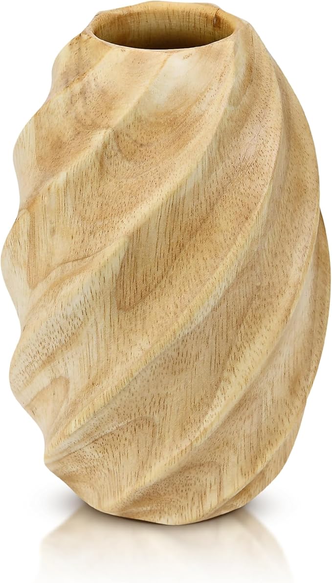 AeraVida 6-Inch Mango Tree Wood Oval Flower Vase with Spiral Carved Design | Light Brown Modern Tabletop Vase | Decorative Vintage Farmhouse Style for Home, Office, or Event Decor