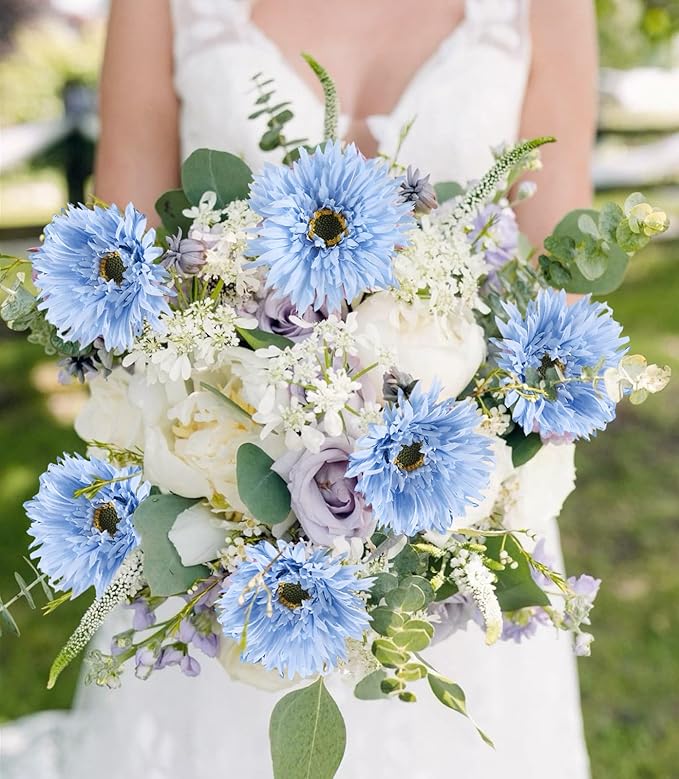 Gerbera Daisy Artificial Flowers 12pcs Faux Daisies Blue Silk Flowers with Stems for Vase Table Centerpiece Home Wedding Party Garden Decoration(Blue)
