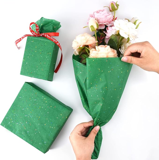 NEBURORA Glitter Tissue Paper for Packaging 50x66cm Green Red Tissue Paper for Christmas Gift Wrapping Bouquet Packaging Craft Paper for Christmas Party Supplies 20 Sheets