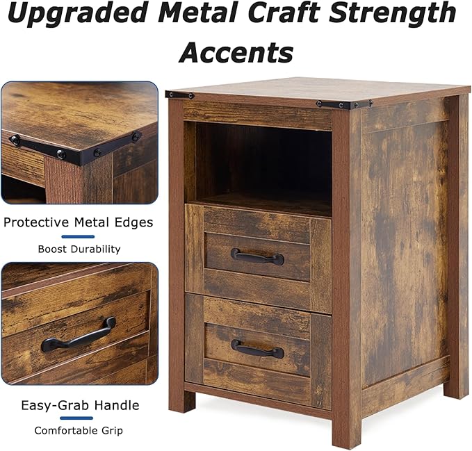 Farmhouse Night Stand, Rustic Brown Nightstand for Bedroom, End Tables Without Charging Station, Bedside Table with Drawers, Wood Bedside Cabinet Dresser