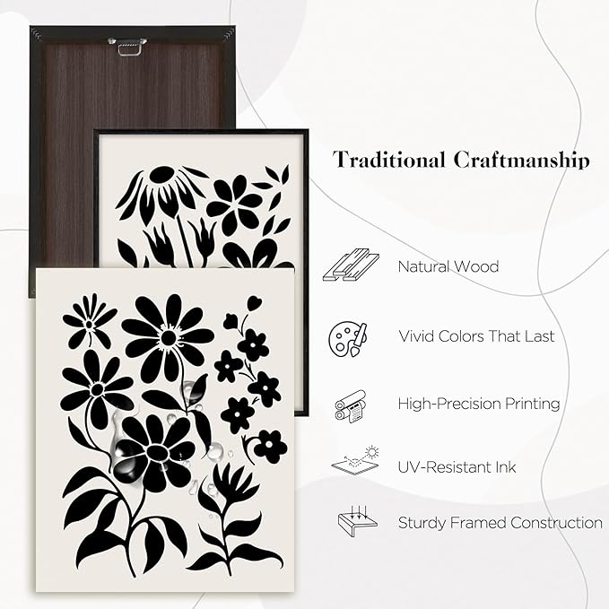 SERIMINO Black and White Wall Art Framed Bedroom Decor Aesthetic, Botanical Floral Canvas Wall Art for Living Room Boho, Set of 3 Flower Market Prints Farmhouse Wall Decor,20 x28 inch