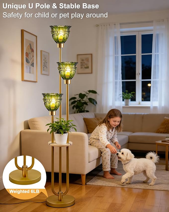 Lightdot 3-Lights Glass Floor Lamp for Living Room Modern Gold Floor Lamp with Green Glass Shade 3000K Bulbs Included Tall Standing Lamp with 5Lb Heavy Base for Bedroom/Sofa Corner Decor-Foot Switch