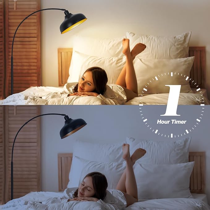 Arch Floor Lamps with Remote - Dimmable Floor Lamp 70”, Black Tall Lamp with 360° Adjustable Hanging Metal Shade, Arc Lamps Floor Standing with 9W Bulb, Over Couch Lamps for Living Room, Foot Switch
