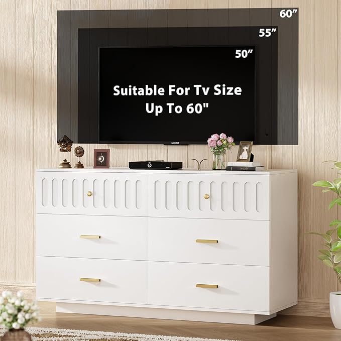 IBF Modern 6 Drawer Dresser for Bedroom, Fluted White and Gold Chest of Drawers for Kid Adult Closet, Large Wood Clothes Storage Dresser with Anti-Tipping Device for Living Room Hallway, White Oak