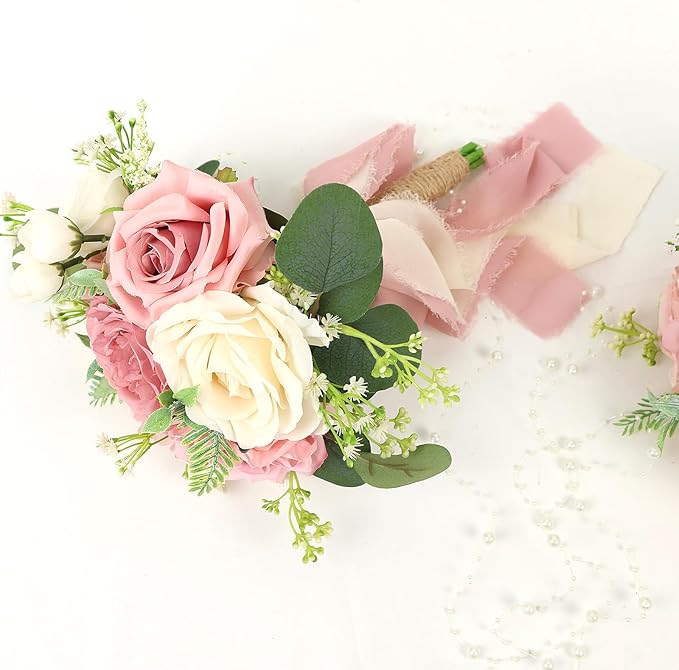 Set of 4 Bridesmaid Bouquets for Wedding, 9 Inch Boho Bridesmaid Flowers for Ceremony Anniversary Centerpieces Decorations, Artificial Rose Bouquets - Pink & White