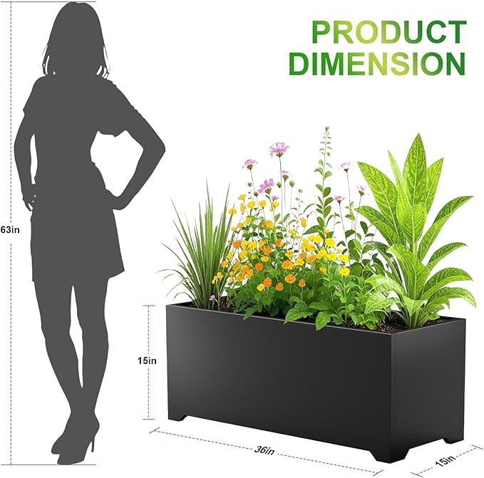 Metal Planter Box 36" L x 15" W x 15" H, Rectangular Trough Planter Box with 6 Drainage Holes & Raised Bottom, All-Weather Garden Planter Box for Outdoor Patio/Porch, Lawn, Black