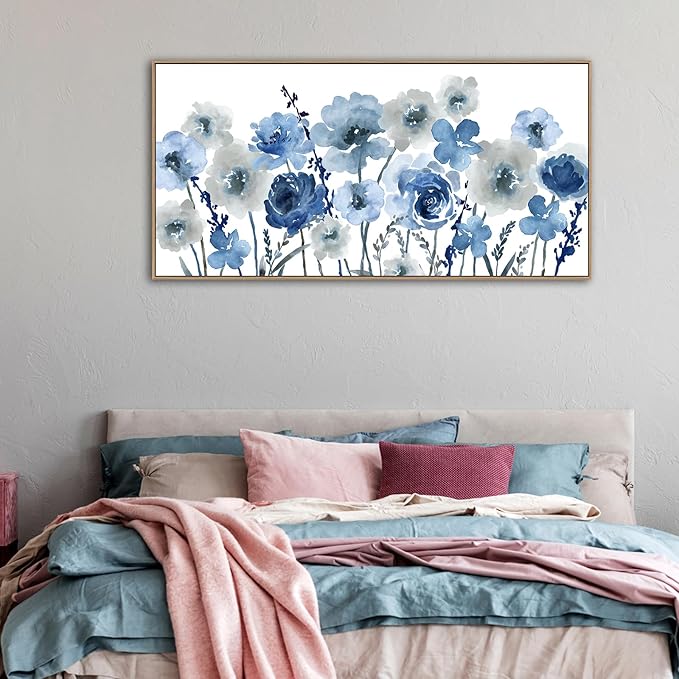 Framed Flowers Canvas Wall Art - Indigo Floral Canvas Pictures Living Room Wall Decor Botanical Canvas Prints Painting Abstract Artwork Bedroom Office Home Decor 24"x 48"