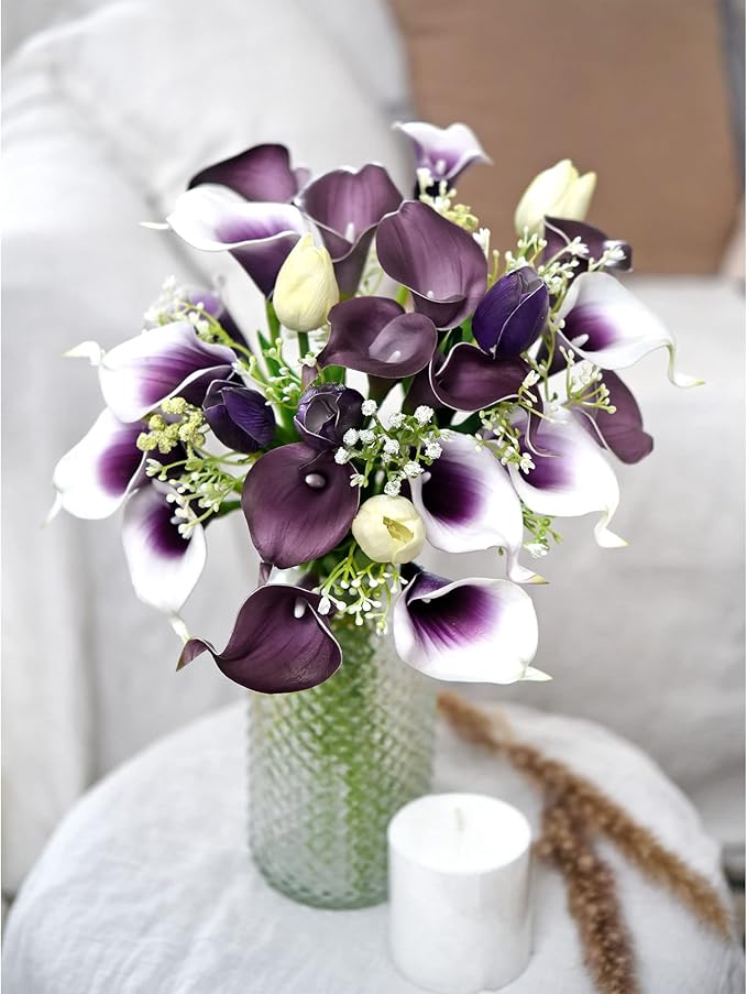 FiveSeasonStuff Real Touch Calla Lily Artificial Flowers Wedding Bridal Bouquet | Floral Arrangements | 15 Calla Lilies (Plum Purple)