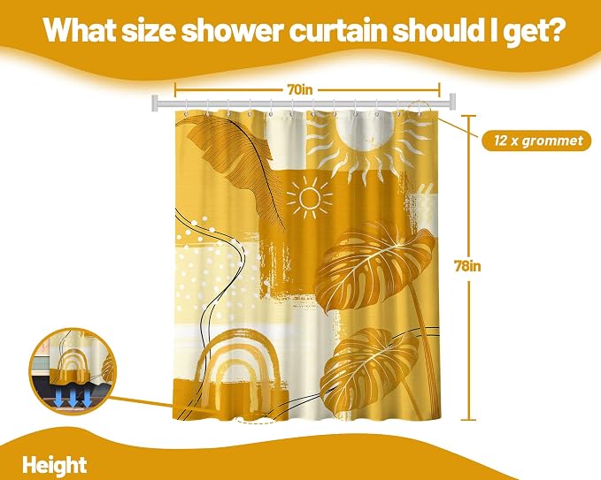Extra Tall Shower Curtain XL Boho Mid Century Modern, 70 x 78 Inchs | for Extra Long 78 Inchs Shower, Yellow Abstract Pattern Design, Large Bathroom Decor Sets Waterproof Cloth Fabric, with Hooks