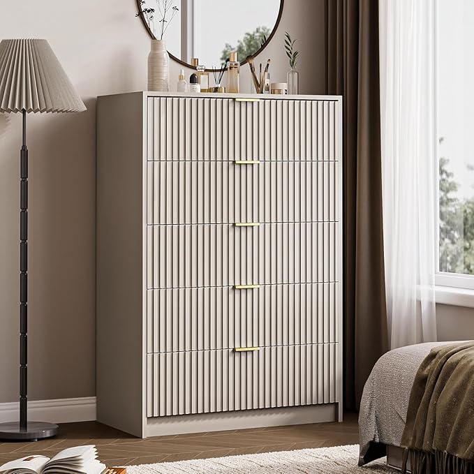 3-Piece Dresser Bedroom Set, 5 Drawer Dresser & 3 Drawer Nightstands with Gold Handles, Fluted Wood Chest of Drawers for Bedroom, Living Room, Entryway, Beige