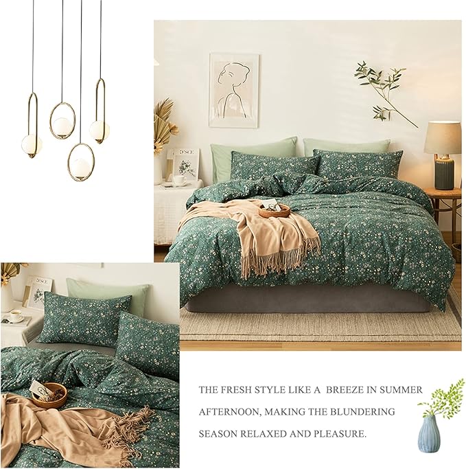 HighBuy Jersey Knit Cotton Duvet Cover Queen Green Floral 100% T-Shirt Cotton Comfy Bedding Set Super Soft Garden Chic Comforter Cover Queen Size
