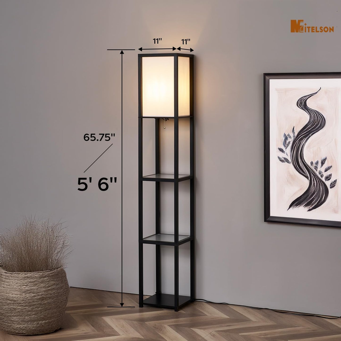 Skiennix Floor Lamp - Modern Square Design with Glass Shelves for Living Room, Bedroom & Office - Black