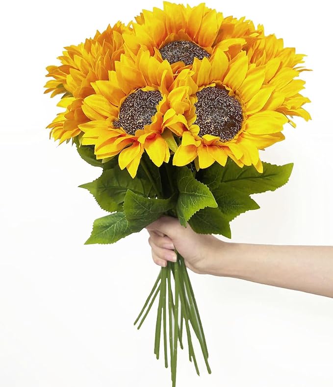 10PCS Sunflowers Artificial Flowers, Fake Silk Sunflower with Long Stem, Artificial Sunflowers for Fall Home Decor, Baby Shower, Wedding Decor and Cemetery Flowers Decor
