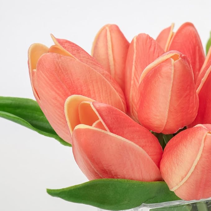 DILATATA Artificial Peach Tulips in Vase with Faux Water 5.5" Real Touch Flowers Fake Tulips Small Flowers Arrangement in Cube Glass Vase for Mother's Day Table Centerpiece Wedding Home Decor
