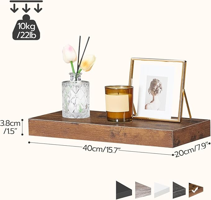 HOOBRO Floating Shelves for Wall, Wall Mounted Shelf Set of 2, 15.7" Hanging Shelf with Invisible Brackets, for Wall Decor Storage in Bathroom Bedroom Kitchen Living Room Office, Rustic Brown BF40BJ01
