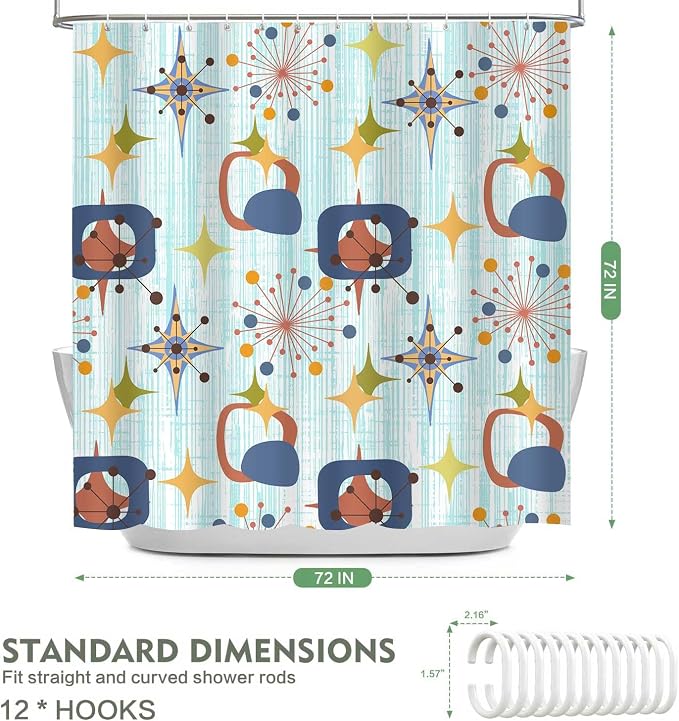 Mid Century Shower Curtain, 72x72inch, Modern Abstract Retro Blue Striped Geometric Shower Curtain Sets 1950s Boho Bathroom Shower Curtain with 12 Hooks
