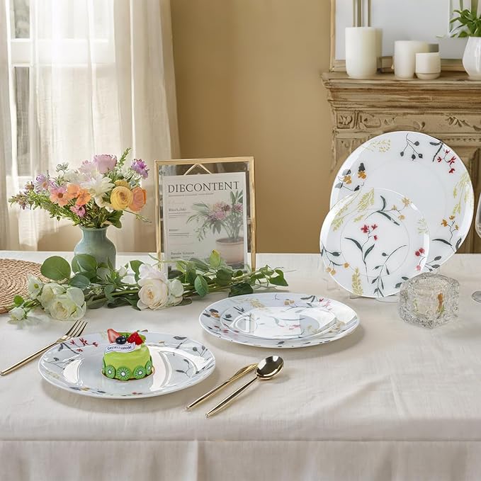 U-QE 20Pcs Wildflower Plastic Plates - Spring Floral Plates Disposable Heavy Duty, Fancy Floral Pattern Perfect for Weddings, Tea Parties, Holidays - 10.25" Dinner Plate & 7.5" Dessert Plate