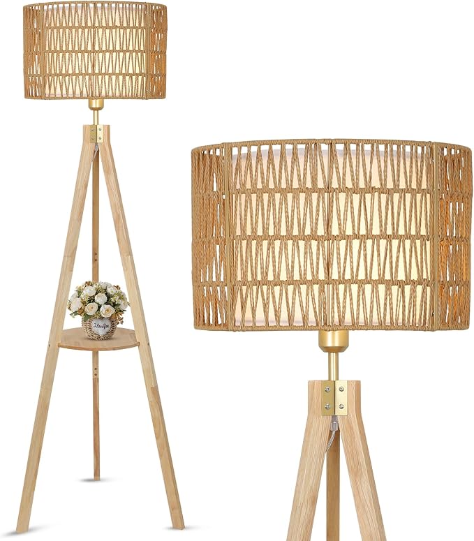 LAMSU Oak Wood Tripod Floor Lamps for Living Room, Boho Floor Lamp with Shelves, Mid Century Rattan Standing Lamp with Fabric Shade, ON/Off Switch, Farmhouse Tall Floor Lamps for Bedroom Office