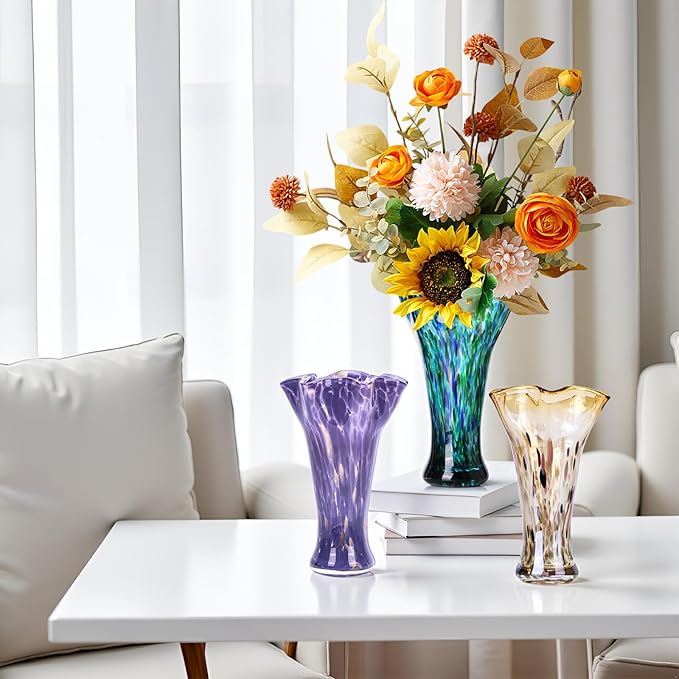 9.8" Tall Amber Hand Blown Glass Vases for Home Decor,Modern Wide Mouth Ruffle Flower Vase Table Centerpieces,Colored Coastal Sea Glass Art for Bookshelf,Bathroom,Counterto,Wedding