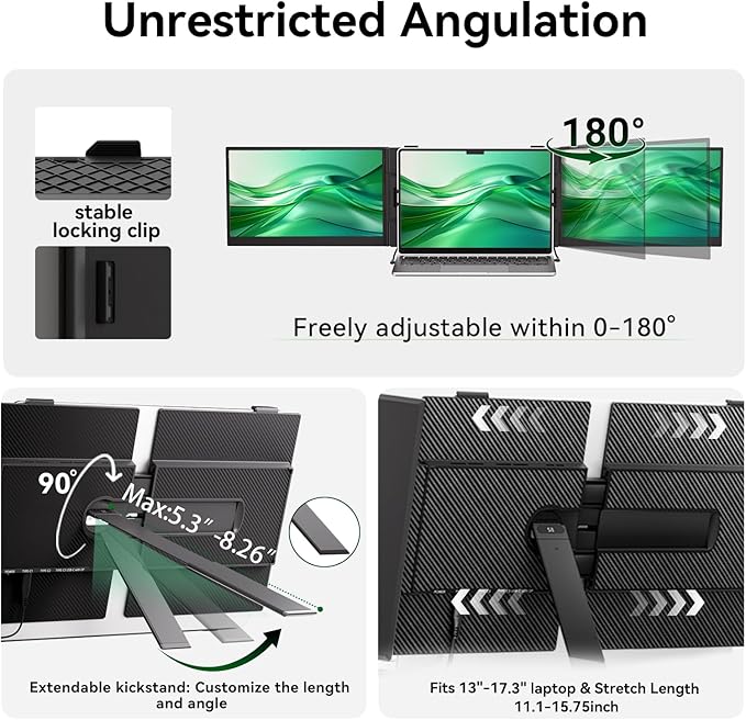 14" Triple Laptop Screen Extender, Ultra-Thin Lightweight FHD 1080P IPS Laptop Monitor Extender Portable, Extended Screen for Laptops 13-17.3" Compatible with Wins Mac Chrome Dex Phone Travel Work