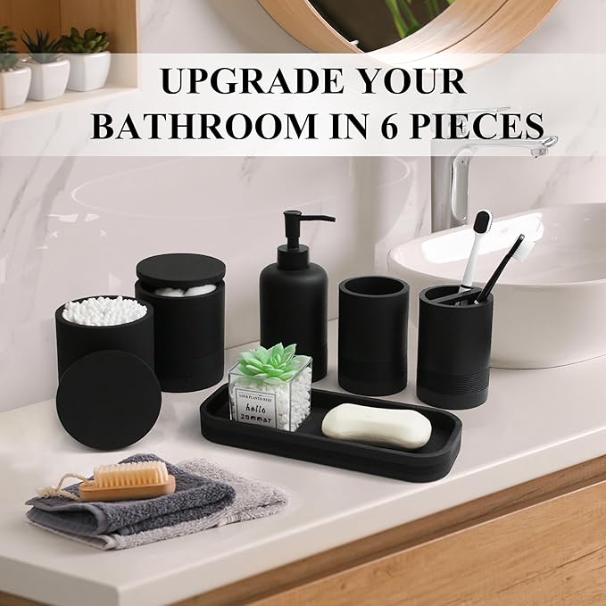 LIN CHUAN 6-Piece Bathroom Accessories Set, Organizer Set with Soap Dispenser, Toothbrush Holder Set, Vanity Tray, Tumbler & 2 Cotton Swab Jars – Modern Stylish Bathroom Storage(Matte Black)