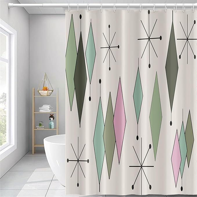 Mid Century Shower Curtain Modern Abstract Green Pink Diamond Geometric Atomic Starburst Pattern for 1950s Retro Bathroom Decor Accessories Shower Curtain Set with 12 Hooks, 72x78 Inches