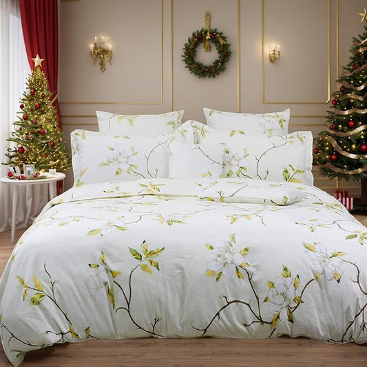 FADFAY White Floral Duvet Cover Set 100% Cotton Farmhouse Bedding with Hidden Zipper Closure 3 Pieces, 1duvet Cover & 2pillowcases,Full Size