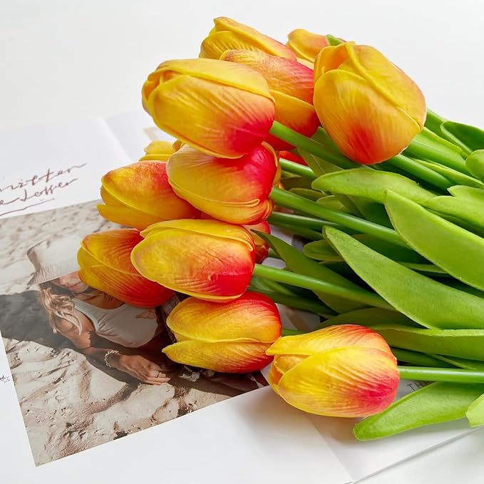 20 Pcs 13” Real Touch Orange Tulips Artificial Flowers, Latex Pu Fake Faux Lifelike Flowers with Stems, for Wedding Bouquet Christmas Fall Home Decor