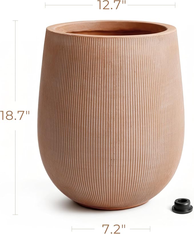 18.7" H Round Planter — Lightweight Magnesium Oxide Cement, Striped Textured Finish, Large Planter with Drainage Hole for Indoor & Outdoor