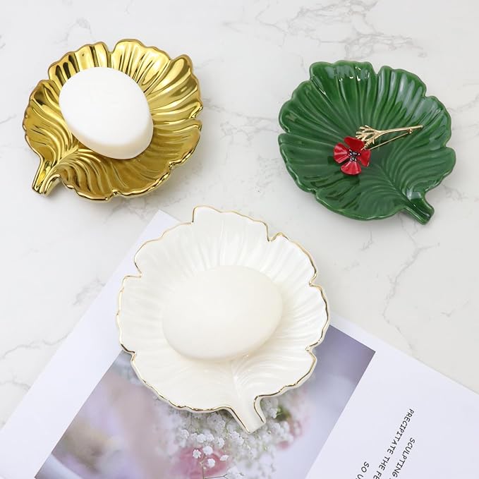 White Leaf Bathroom Soap Dish,Ceramic Soap Dish Holder in Palm Leaf Style,Self Draining Design and Used to Hold Various Small Bathroom and Kitchen Accessories