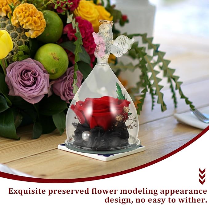 Garneck Eternal Preserved Rose with Angel Figurines in Glass Dome Romantic Desktop Ornament for Birthday Mother's Day Wedding Floral Decoration