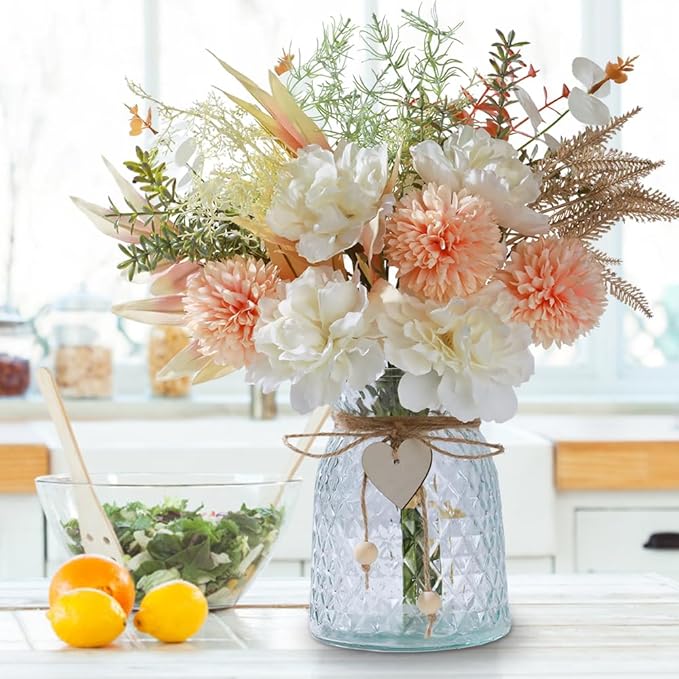 Silk Flowers with Vase, Artificial Flowers Arrangement with Glass Vase Faux Peony Hydrangea for Decoration Table Centerpiece (Peony White Pink)