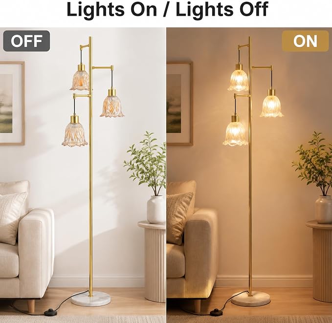 Gold 3-Light Glass Flower Floor Lamp, Mid Century Modern Brass Tree Standing Lamp, Vintage Boho Farmhouse Tall Floor Lamps for Living Room Bedroom Home Office