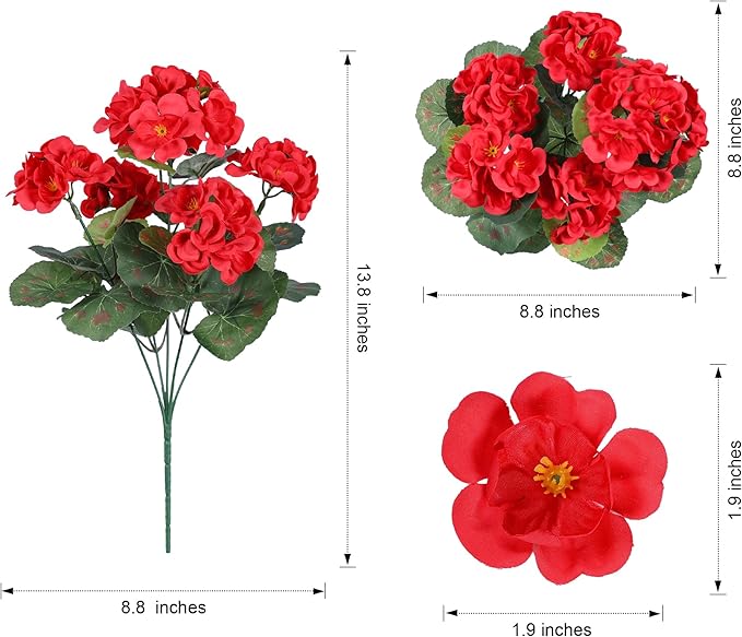 Artificial Geraniums Fake Flowers for Outdoors Decoration, 6 Bundles Silk Geraniums Red Flower UV Resistant Look Real Faux Plants for Front Door Garden Porch Planter Patio Balcony Yard Indoor Home