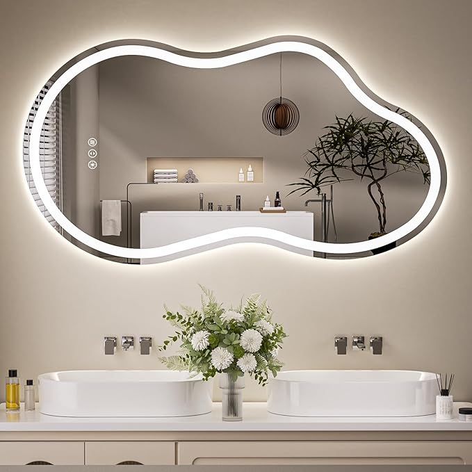 Cloud Shape Asymmetrical LED Vanity Mirror with Lights, 48"x27" Fogless Lighted Bathroom Mirror, 4mm Tempered Glass, Dimmable 3-Color & Memory Function, Wall Mounted (Horizontal/Vertical)