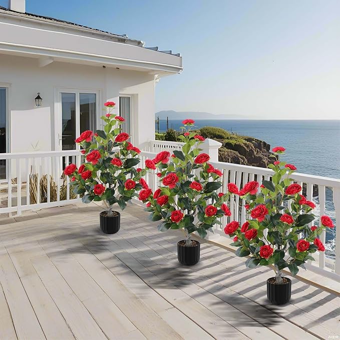 Hananona 2 Pcs Artificial Camellia Trees Faux Camellia Plant in Pot with Flowers Indoor Plants for Spring Home Decor Outdoor Porch Front Door Decor (Red, M)