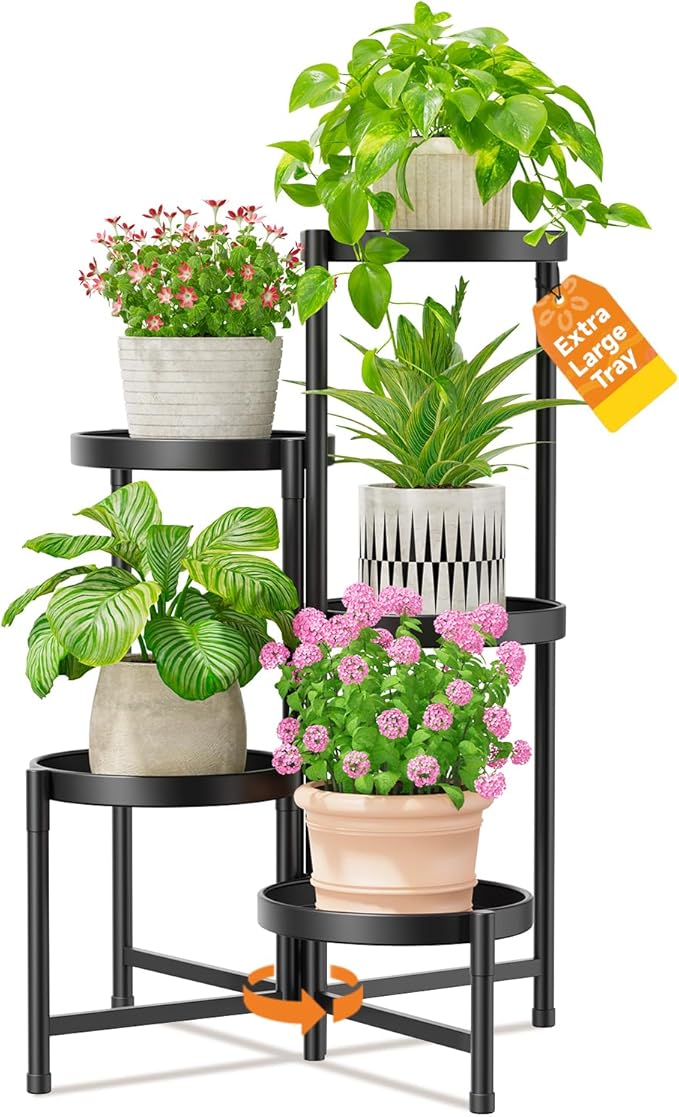 LASZOLA 5 Tier Large Plant Stand Indoor Tall with 10 Inch Metal Tray, Corner Folding Flower Display Rack, Modern Plant Holder Shelf for Outdoor Patio Porch Garden Office Living Room, Black