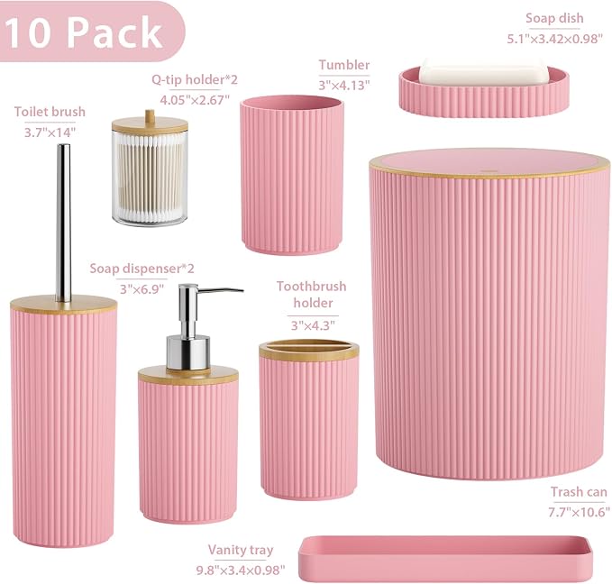 10PC Bathroom Accessories Set - Pink and Wooden Bathroom Sets, Bathroom Accessory Set with Pop Up Trash Can, Toilet Brush, Trash Can, Qtip Holder & Soap Dispenser