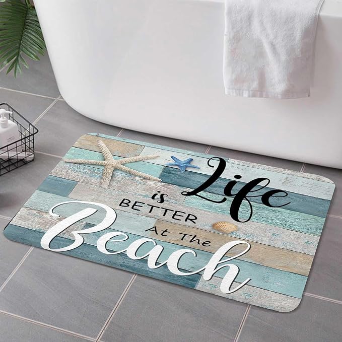 Beach Bath Rugs for Bathroom, Rustic Vintage Wood Ocean Quote Words Summer Non Slip Flannel Bathroom Rug, Nautical Coastal Starfish Dry Fast Water Absorbent Bath Mats, 17X29 Inch