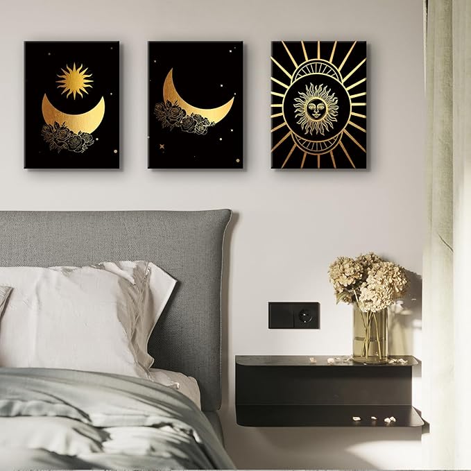 Tarot Canvas Wall Art Abstract Sun Moon Phases Floral Print Poster Black Gold Aesthetic Art Astrology Pictures Artwork Vintage Paintings Decor for Bedroom Living Room Home Decoration 12x16” Set of 3