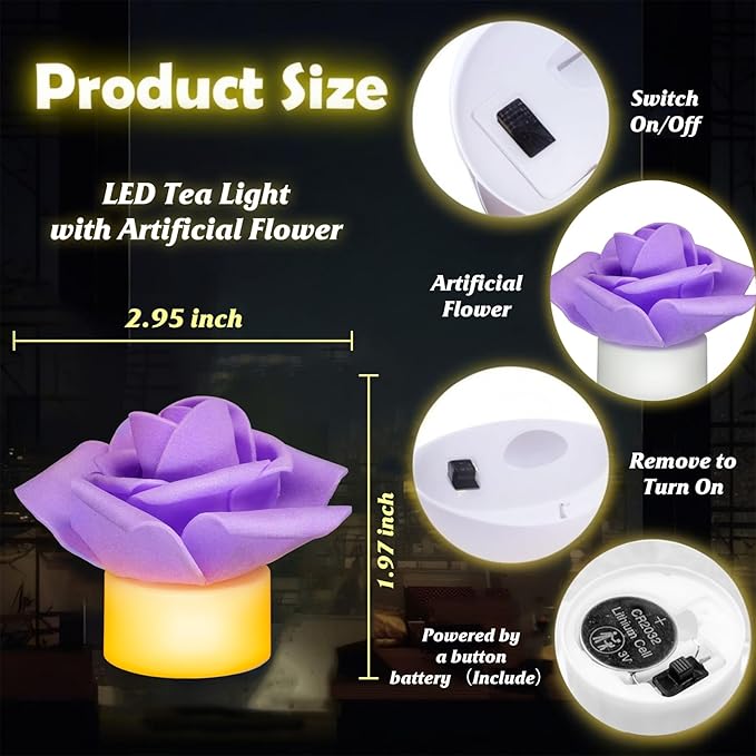 12 Pack LED Tea Lights Candles with Artificial Rose Petals, Romantic Flameless Battery Operated Candles for Valentines Wedding Proposals Christmas Decor (Purple)