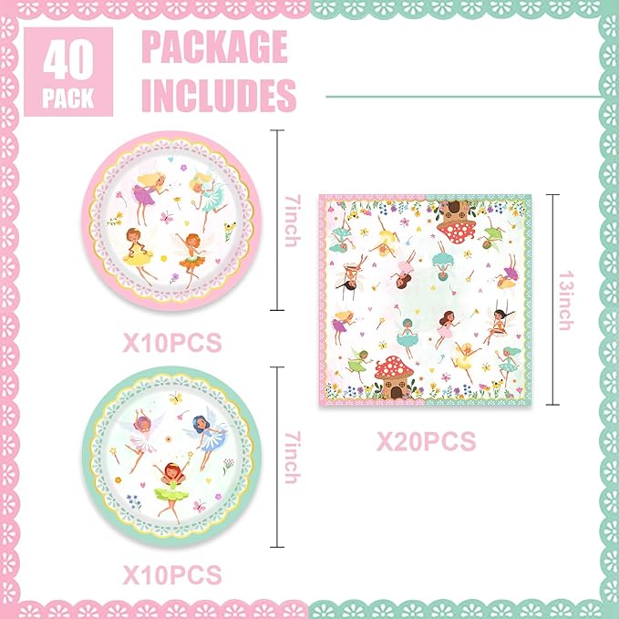 40Pcs Fairy Birthday Party Decorations Pink Flower Baby Shower Paper Plates and Napkins Party Supplies Fairy First Birthday Decorations