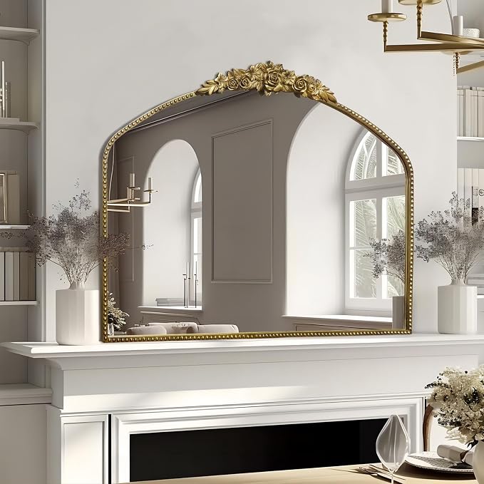 Vintage Gold Arched Mirror 40"X30",Antique Baroque Mantel Mirror with Ornate Metal Frame for Entryway/Fireplace/Living Room/Hallway/Bathroom/Bedroom
