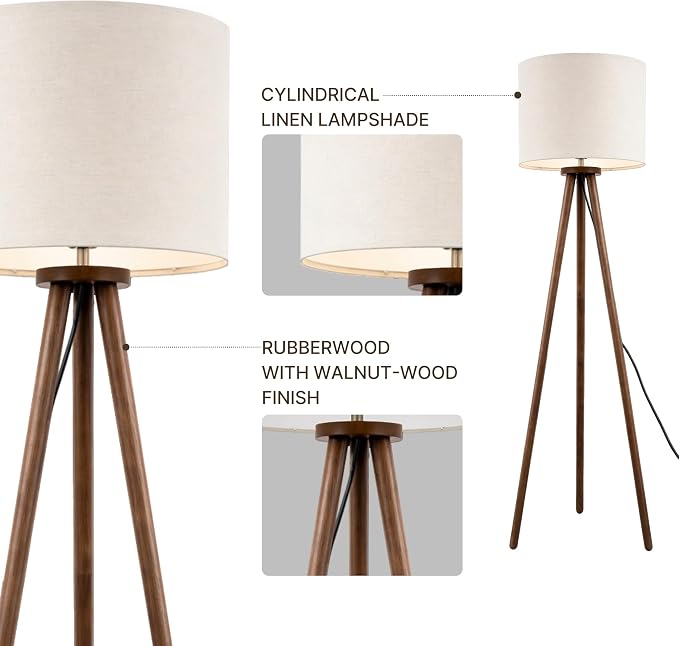 Buruis 60.6" Solid Wood Tripod Floor Lamp with 15.7" Large Linen Shade, Mid-Century Walnut Finish Standing Lamp for Living Room, Bedroom, Office, Corner, UL Listed, Bulb Not Included, Beige