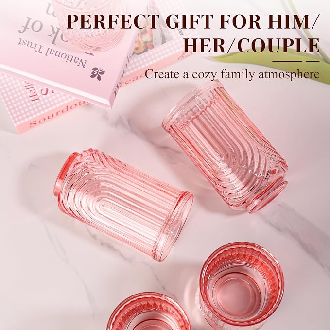 Pink Vintage Drinking Glasses Set of 6-17oz Hand-Blown Highball Ribbed Glassware, Arch Design Cocktail Glasses for Whiskey Water Beverages Ice Coffee Juice Milk