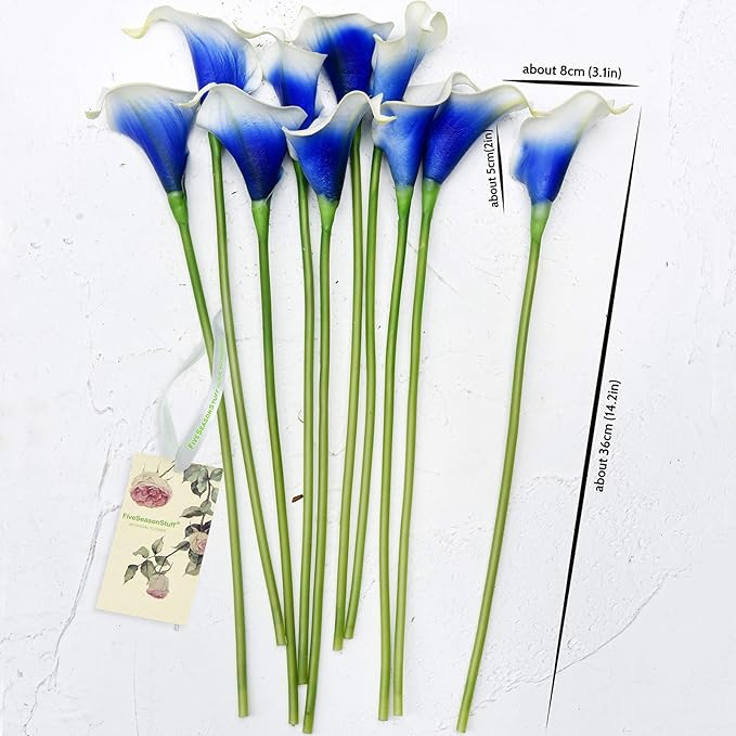 FiveSeasonStuff Real Touch Calla Lily Artificial Flowers Wedding Bridal Bouquet | Floral Arrangements | 15 Calla Lilies (Silk White & Abyss Blue)