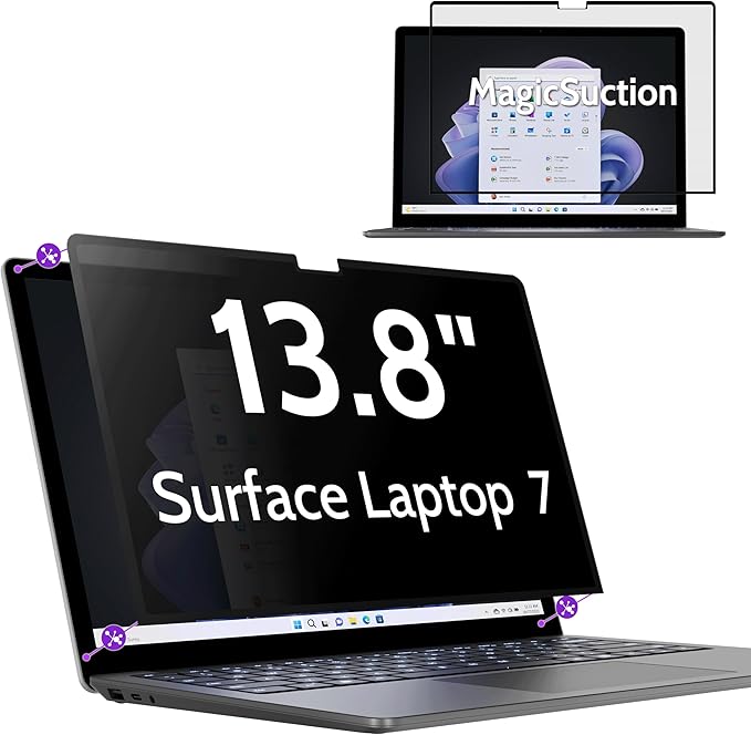 Peslv Privacy Screen for 13.8 Inch Surface Laptop 7, MagicSuction™ Removable Anti Spy Black Protector, Glare Blue Light Filter for Microsoft Laptop Computer Monitor