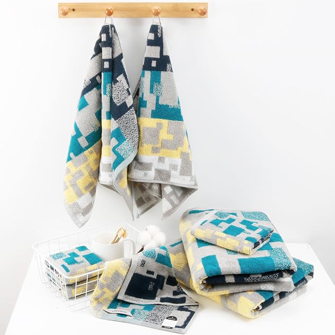 SEMAXE Bath Towel Set, 12 Piece Cotton Towel Set for Bathroom, More Towels for Family Use, Quick Dry with Hanging Loops, Easy Care, Geometric Pattern